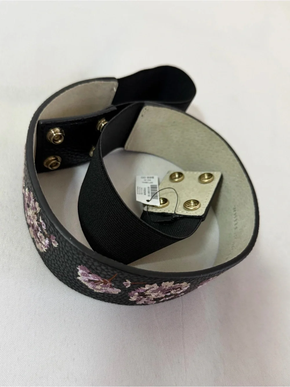 White House Black Market Embroidered Floral Black Leather Waist Belt